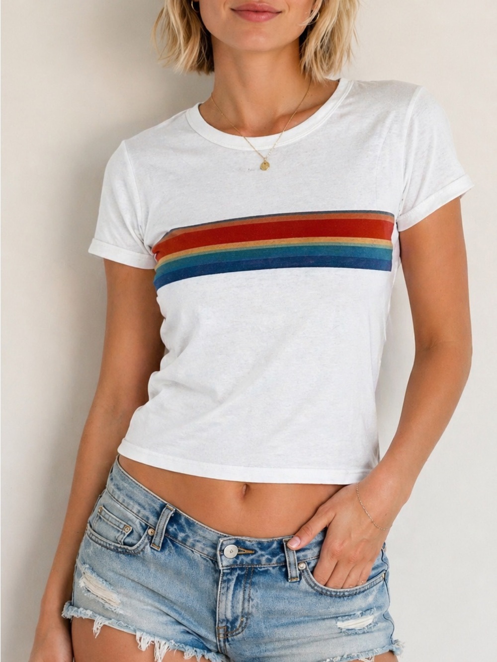American Eagle 70’s White W/ Rainbow Stripe Banded Cuff 100% Cotton Tee US XS